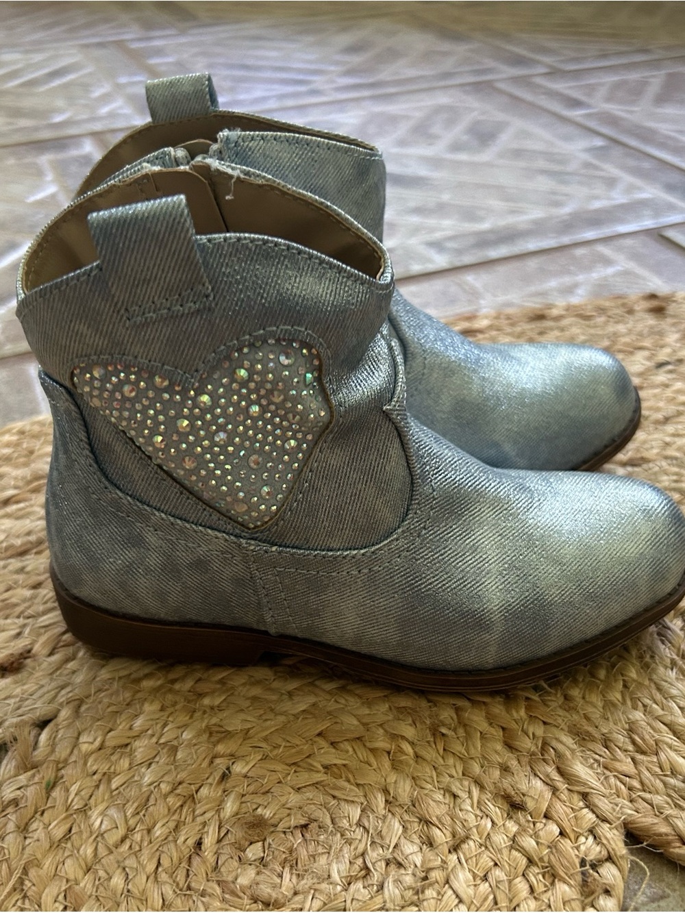 Kids Metallic Silver Heart Ankle Boots